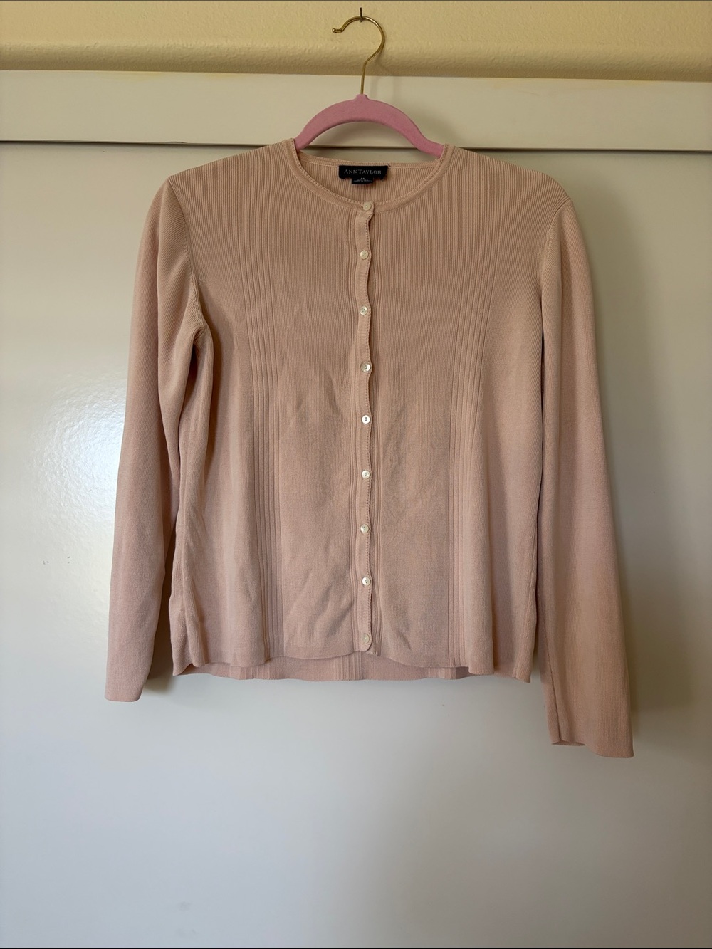 Ann Taylor Blush Pink Button-Front Crewneck Cardigan